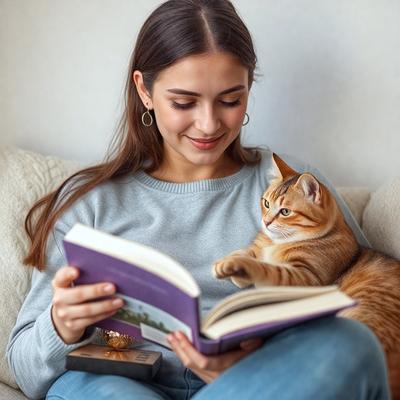 The primary subject of the image is a woman sitting on a couch, holding a book and a cat. The setting is a cozy living space, with a couch and a chair visible in the background. The visual style is a photo, capturing the woman and her cat in a comfortable environment. The colors and mood of the image are warm and inviting, with the woman and the cat creating a sense of relaxation and companionship.